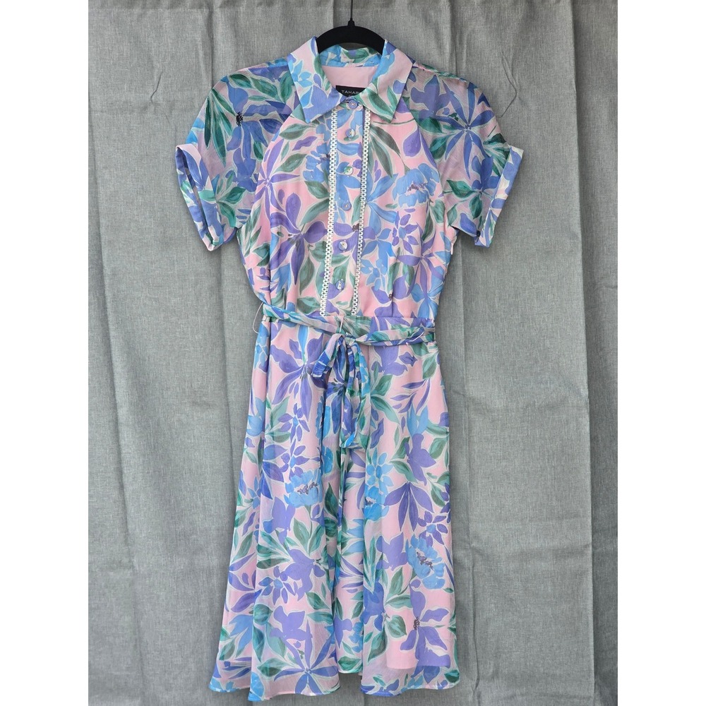 Tahari ASL Floral Midi Dress Pink Blue Purple Lace Trim Belted Size 4